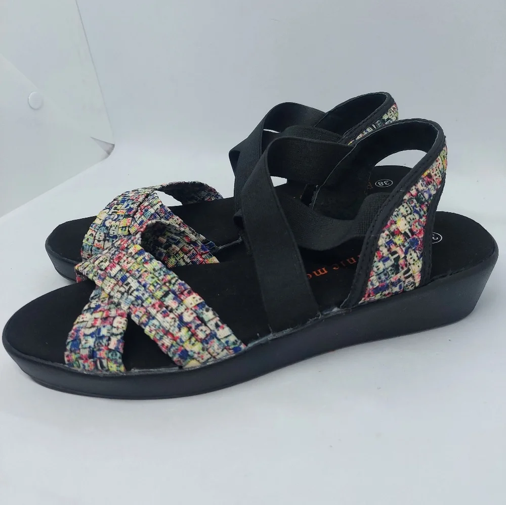 Bernie Mev Hallie Black Multicolor Wedge Open Toe Sandals Womens Size 38 US 7
